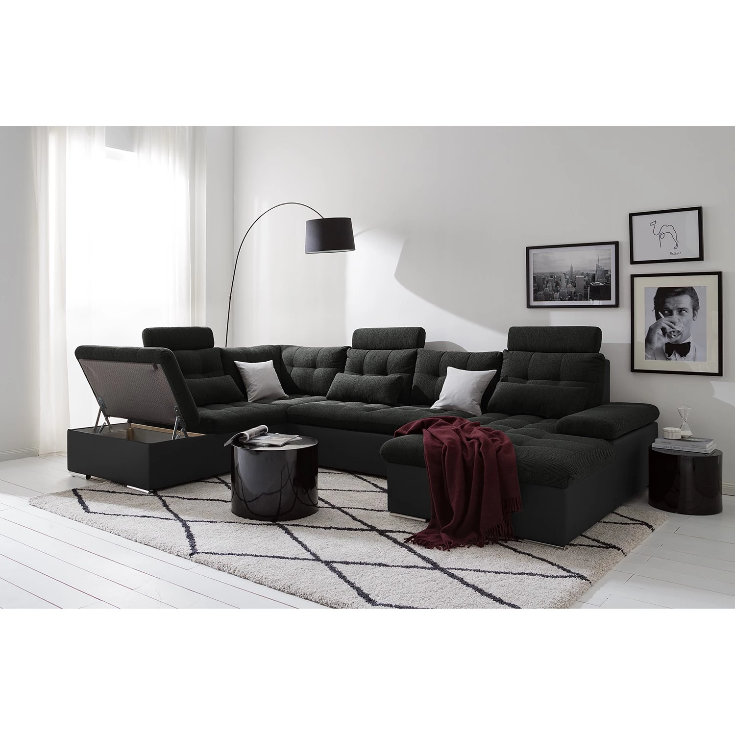 Fredriks Canapé panoramique Puntiro I - Tissu - Cuir synthétique Lilo / Tissu structuré Satur: Noit / Anthracite - Méridienne courte à droite / longue à gauche (vue de face) 5 Fredriks Canapé panoramique Puntiro I - Tissu - Cuir synthétique Lilo / Tissu structuré Satur: Noit / Anthracite - Méridienne courte à droite / longue à gauche (vue de face) – Image 3