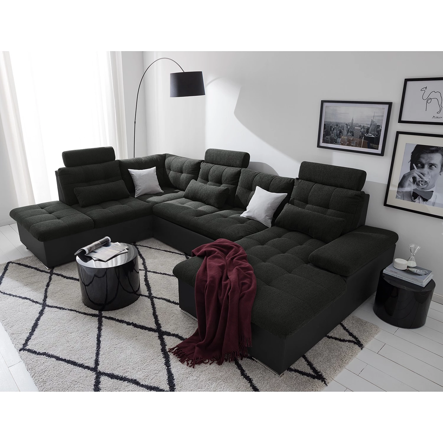 Fredriks Canapé panoramique Puntiro I - Tissu - Cuir synthétique Lilo / Tissu structuré Satur: Noit / Anthracite - Méridienne courte à droite / longue à gauche (vue de face) 14 Fredriks Canapé panoramique Puntiro I - Tissu - Cuir synthétique Lilo / Tissu structuré Satur: Noit / Anthracite - Méridienne courte à droite / longue à gauche (vue de face) – Image 12