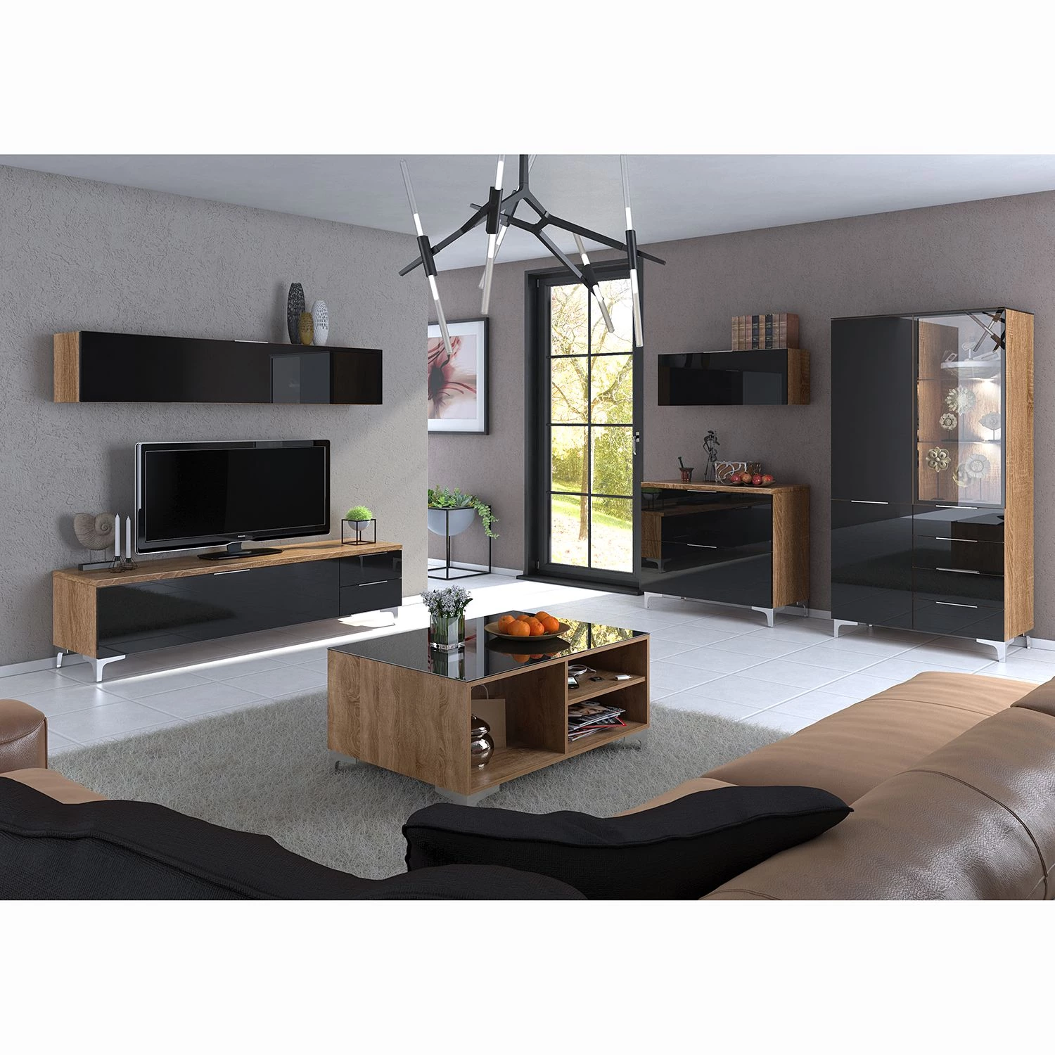 Maja Möbel Vitrine Shino - Verre noir / Imitation chêne de Riviera 4 Maja Möbel Vitrine Shino - Verre noir / Imitation chêne de Riviera – Image 2