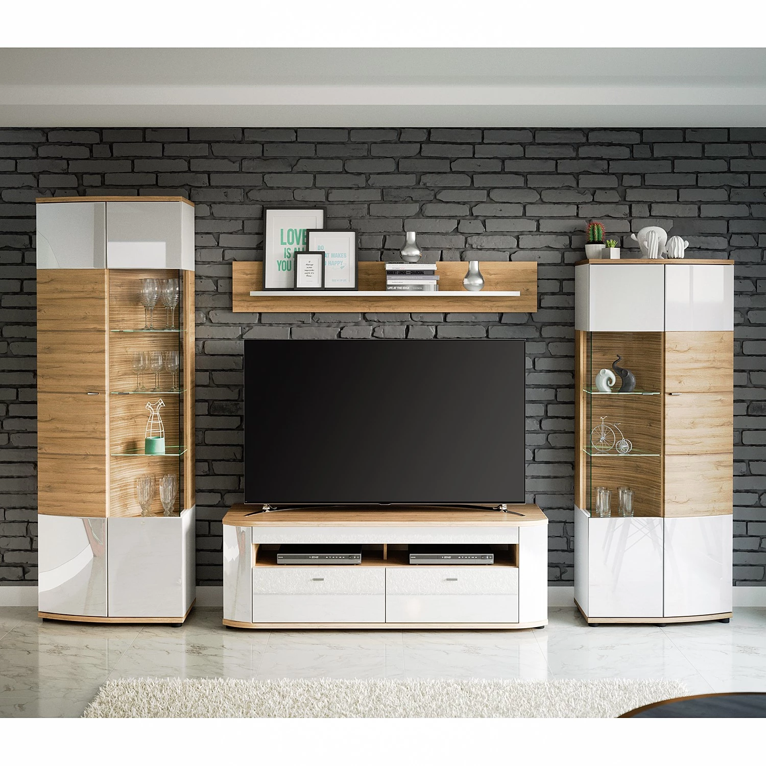 Loftscape Ensemble meubles TV Jaguare (4 éléments) - Blanc brillant / Imitation chêne Ribbeck 3 Loftscape Ensemble meubles TV Jaguare (4 éléments) - Blanc brillant / Imitation chêne Ribbeck