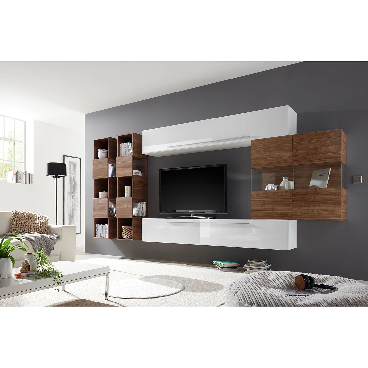 LC Spa Ensemble meubles TV Infinity IX (5 él.) - Blanc / Imitation noyer foncé 4 LC Spa Ensemble meubles TV Infinity IX (5 él.) - Blanc / Imitation noyer foncé – Image 2