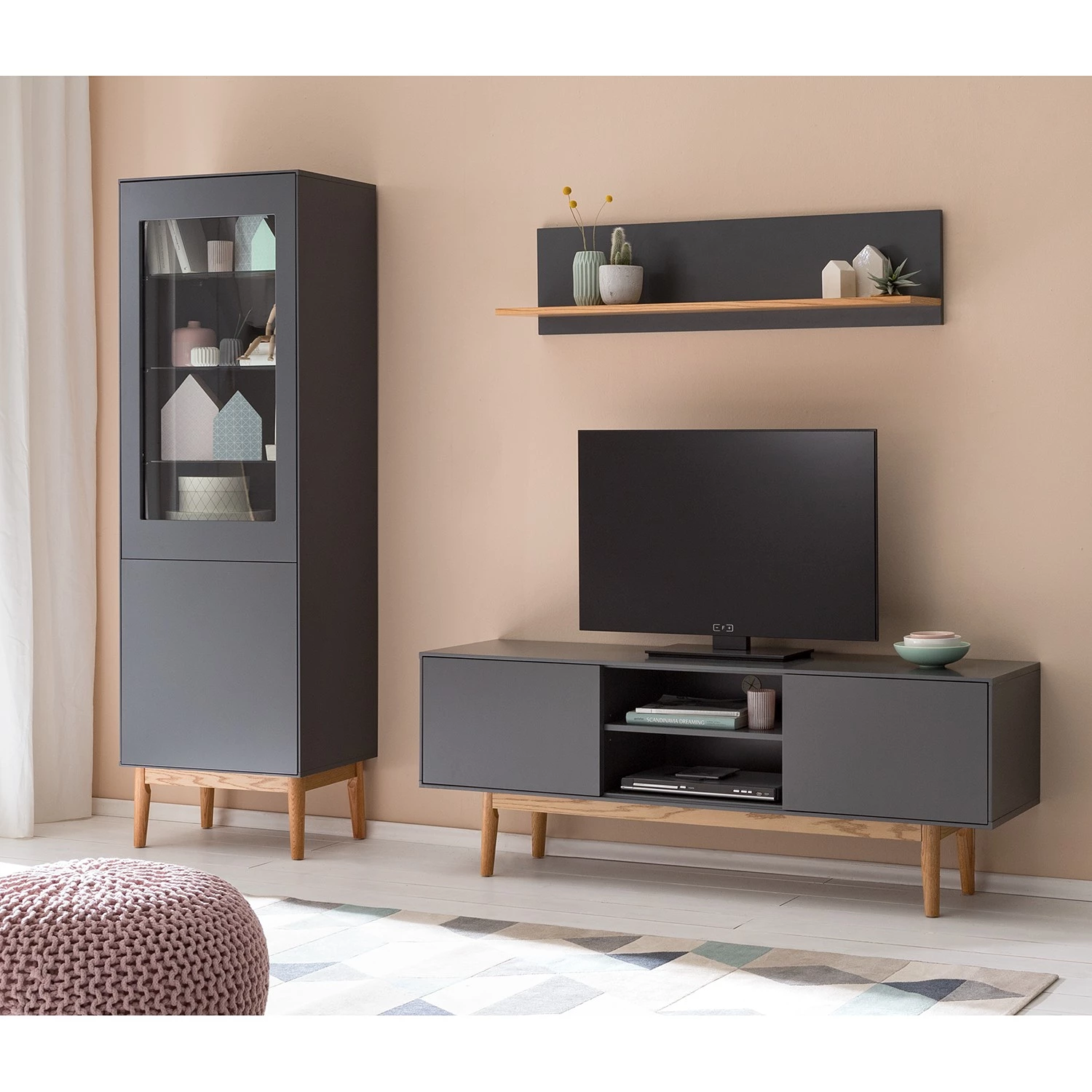 Mørteens Ensemble meubles TV Lindholm IV (3 él.) - Partiellement en chêne massif - Gris 3 Mørteens Ensemble meubles TV Lindholm IV (3 él.) - Partiellement en chêne massif - Gris