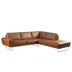 Loftscape Canapé d’angle Kerman - Cuir véritable - Cognac - Méridienne longue à droite (vue de face)