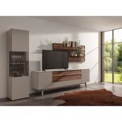 GWINNER Ensemble meubles TV Misano II (3 élém.) - Placage en bois véritable / Verre - Planches de chêne / Gris - Gris Sahara / Poutres en chêne - Sans éclairage