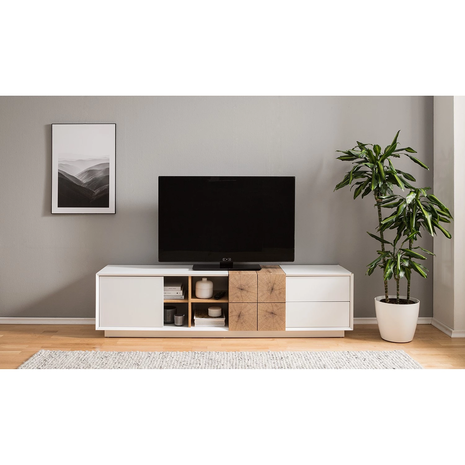 Loftscape Meuble TV Crecora - Blanc / Imitation chêne à grain fin 5 Loftscape Meuble TV Crecora - Blanc / Imitation chêne à grain fin – Image 3