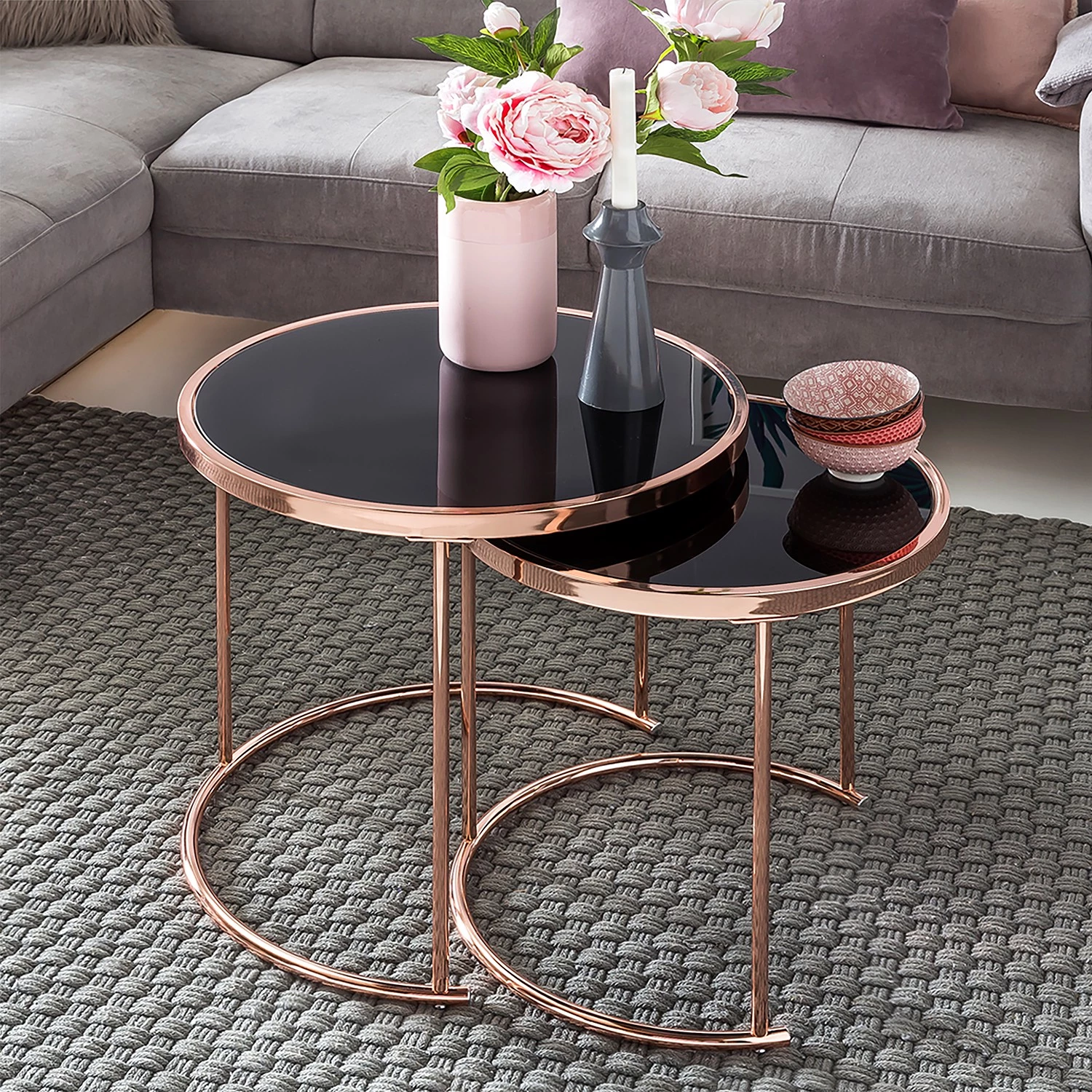 Jack & Alice Tables gigognes Cassapolis (lot de 2) - Verre / Métal - Noir / Cuivre 4 Jack & Alice Tables gigognes Cassapolis (lot de 2) - Verre / Métal - Noir / Cuivre – Image 2