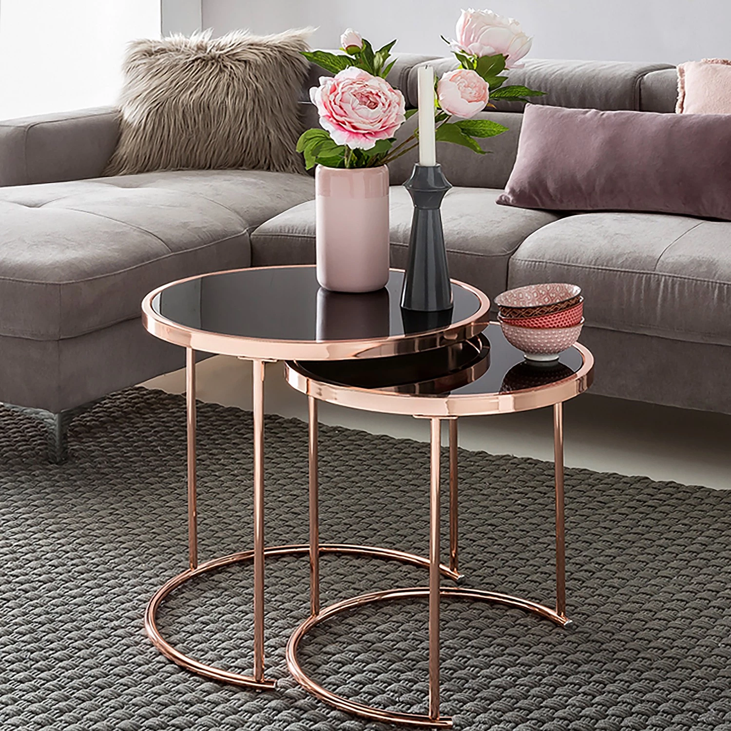 Jack & Alice Tables gigognes Cassapolis (lot de 2) - Verre / Métal - Noir / Cuivre 5 Jack & Alice Tables gigognes Cassapolis (lot de 2) - Verre / Métal - Noir / Cuivre – Image 3