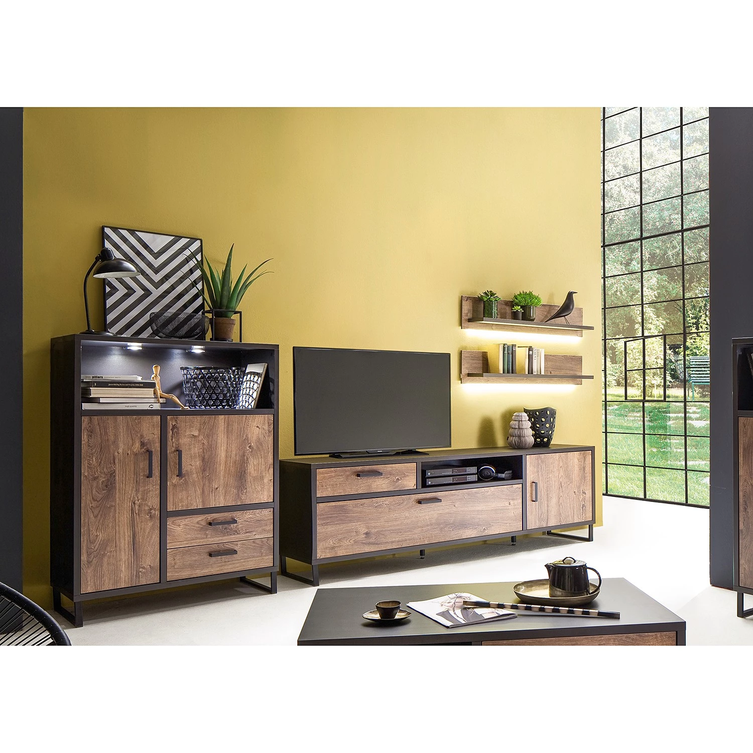 Red Living Tablettes murales Hixson (lot de 2) - Imitation chêne de tonneau / Noir 5 Red Living Tablettes murales Hixson (lot de 2) - Imitation chêne de tonneau / Noir – Image 3