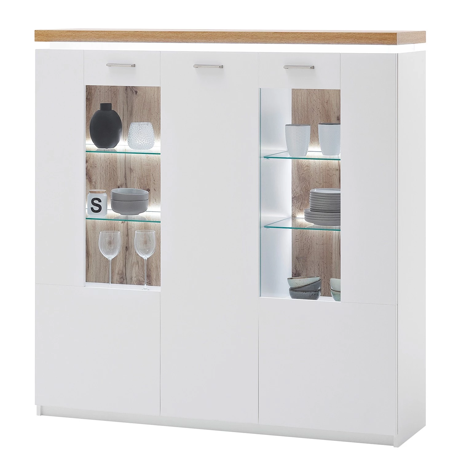 Loftscape Buffet haut Mundai - Avec éclairage - Blanc / Imitation chêne de Wotan 8 Loftscape Buffet haut Mundai - Avec éclairage - Blanc / Imitation chêne de Wotan – Image 6