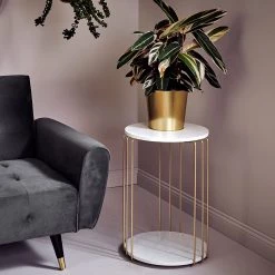 Jahnke Bout de canapé String - Imitation marbre blanc / Doré -Meubles de salon Soldes 1000210726 200430 16475400008 MOOD DETAILS P000000001000210726 mood