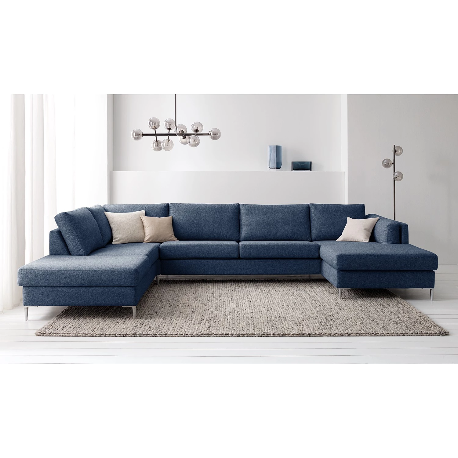Studio Copenhagen Canapé panoramique COSO Classic+ - Tissu Inze: Bleu - Méridienne courte à droite / longue à gauche (vue de face) - Coffre de lit - Chrome brillant 5 Studio Copenhagen Canapé panoramique COSO Classic+ - Tissu Inze: Bleu - Méridienne courte à droite / longue à gauche (vue de face) - Coffre de lit - Chrome brillant – Image 3