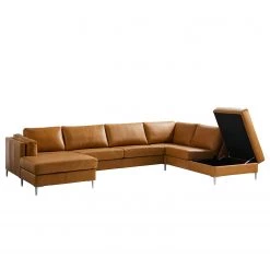 Studio Copenhagen Canapé panoramique COSO Classic+ - Cuir véritable Taru : Marron clair - Méridienne courte à gauche / longue à droite (vue de face) - Coffre de lit - Chrome brillant -Meubles de salon Soldes 1000212011 200811 17212100970 DETAILS P000000001000212011