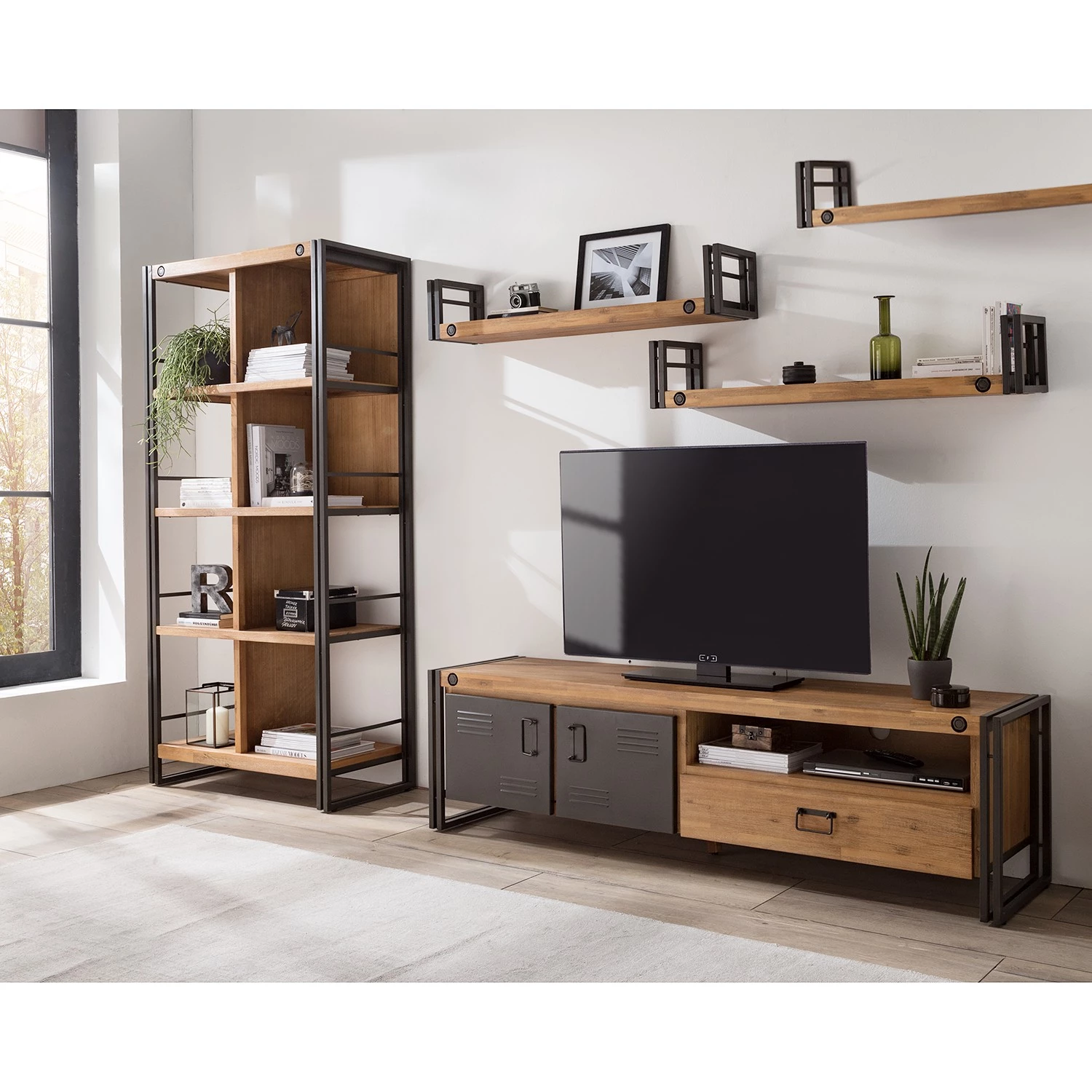 Ars manufacti Tablettes murales Manchester (lot de 3) - Acacia massif / Métal - Acacia / Anthracite - Largeur : 110 cm 4 Ars manufacti Tablettes murales Manchester (lot de 3) - Acacia massif / Métal - Acacia / Anthracite - Largeur : 110 cm – Image 2