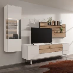 GWINNER Ensemble meubles TV Misano I (3 élém.) - Placage en bois véritable / Verre - Planches de chêne / Gris - Blanc / Chêne sauvage - Sans éclairage