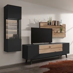 GWINNER Ensemble meubles TV Misano I (3 élém.) - Placage en bois véritable / Verre - Planches de chêne / Gris - Anthracite / Chêne sauvage - Sans éclairage