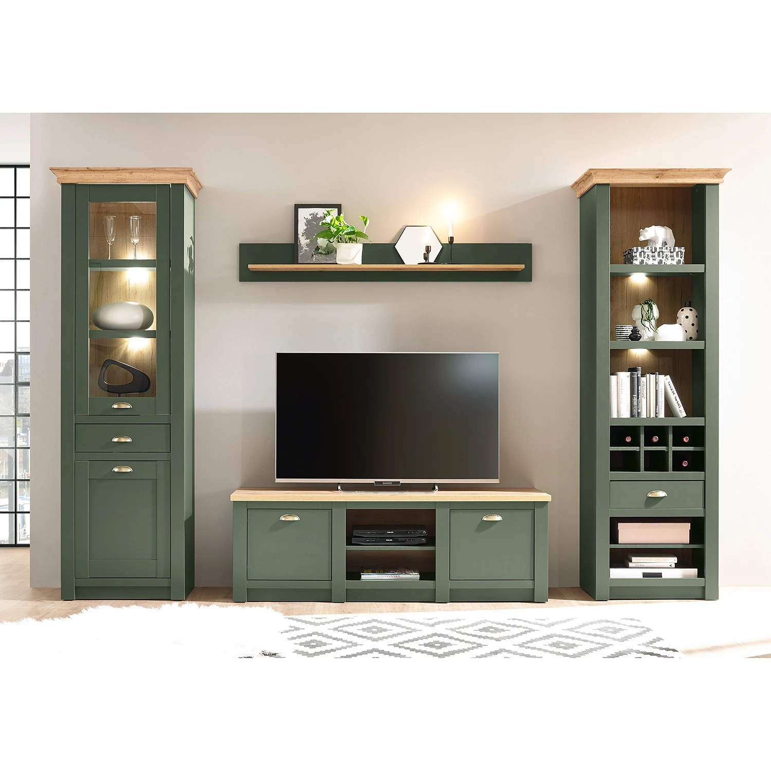 Norrwood Ensemble meubles TV Cardet I (4 élém.) - Vert mousse / Imitation chêne de Wotan 4 Norrwood Ensemble meubles TV Cardet I (4 élém.) - Vert mousse / Imitation chêne de Wotan – Image 2