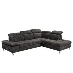 Loftscape Canapé d’angle Groslay - Velours - Velours Insa: Gris foncé - Méridienne longue à droite (vue de face)