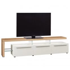GWINNER Meuble TV Bellano II - Placage en bois véritable - Mat blanc / Chêne de poutre - Alignement à gauche - Avec éclairage