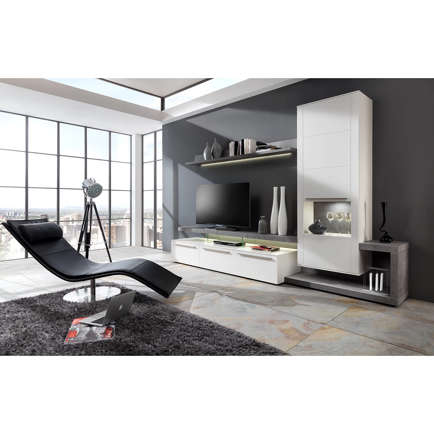 GWINNER Ensemble meubles TV Bellano II (3 élém.) - Blanc mat / Imitation béton - Alignement à droite - Sans éclairage 4 GWINNER Ensemble meubles TV Bellano II (3 élém.) - Blanc mat / Imitation béton - Alignement à droite - Sans éclairage – Image 2