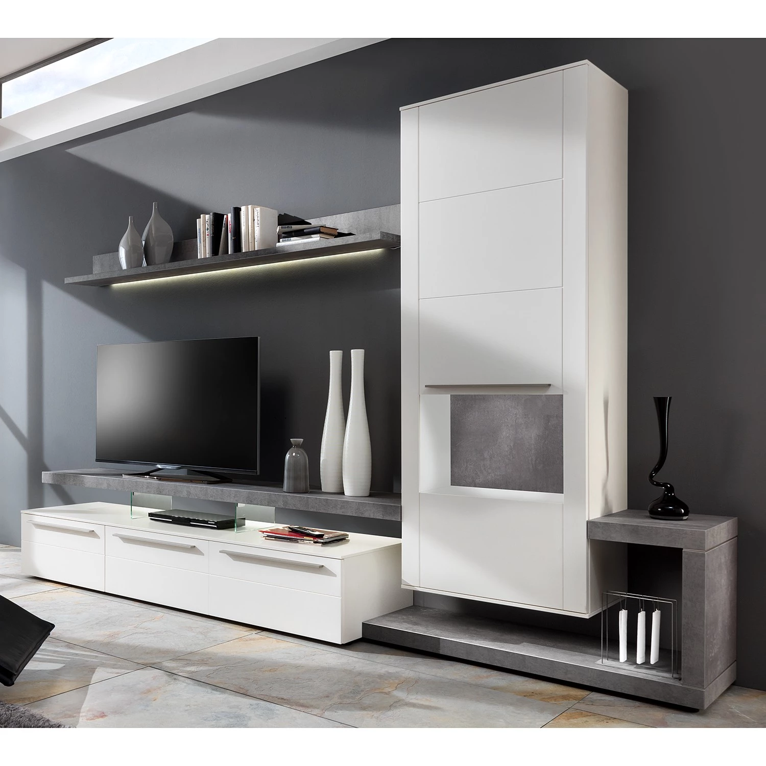 GWINNER Ensemble meubles TV Bellano II (3 élém.) - Blanc mat / Imitation béton - Alignement à droite - Sans éclairage 3 GWINNER Ensemble meubles TV Bellano II (3 élém.) - Blanc mat / Imitation béton - Alignement à droite - Sans éclairage