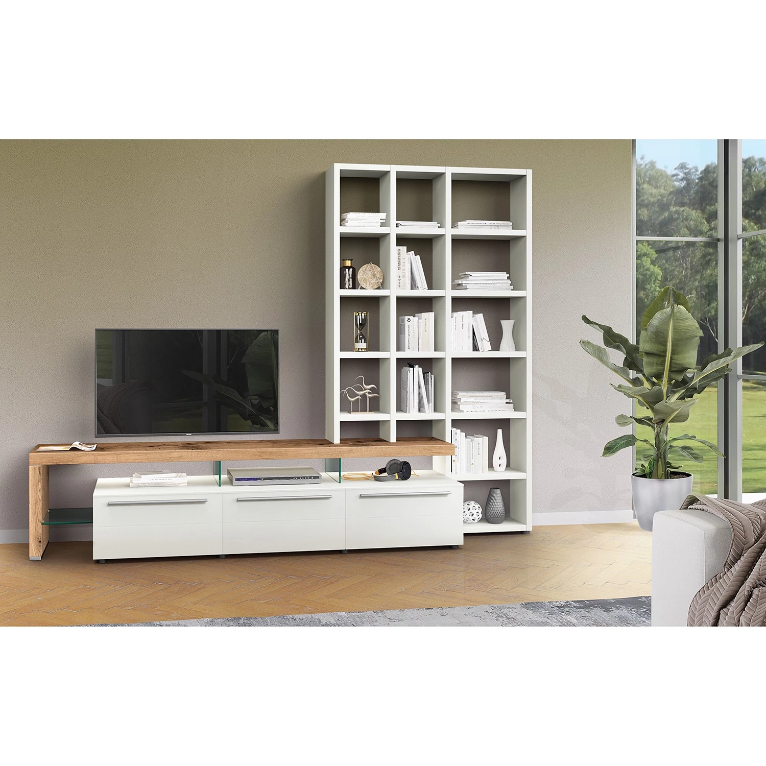 GWINNER Ensemble meubles TV Bellano I (2 élém.) - Placage en bois véritable - Mat blanc / Chêne de poutre - Alignement à gauche - Sans éclairage 4 GWINNER Ensemble meubles TV Bellano I (2 élém.) - Placage en bois véritable - Mat blanc / Chêne de poutre - Alignement à gauche - Sans éclairage – Image 2