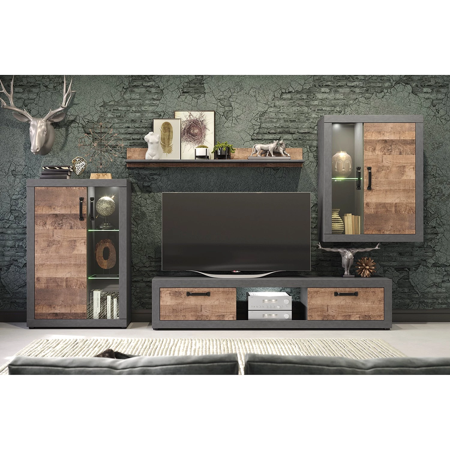 Trendteam Ensemble meubles TV Jazz (4 éléments) - Imitation chêne foncé / Gris foncé 3 Trendteam Ensemble meubles TV Jazz (4 éléments) - Imitation chêne foncé / Gris foncé