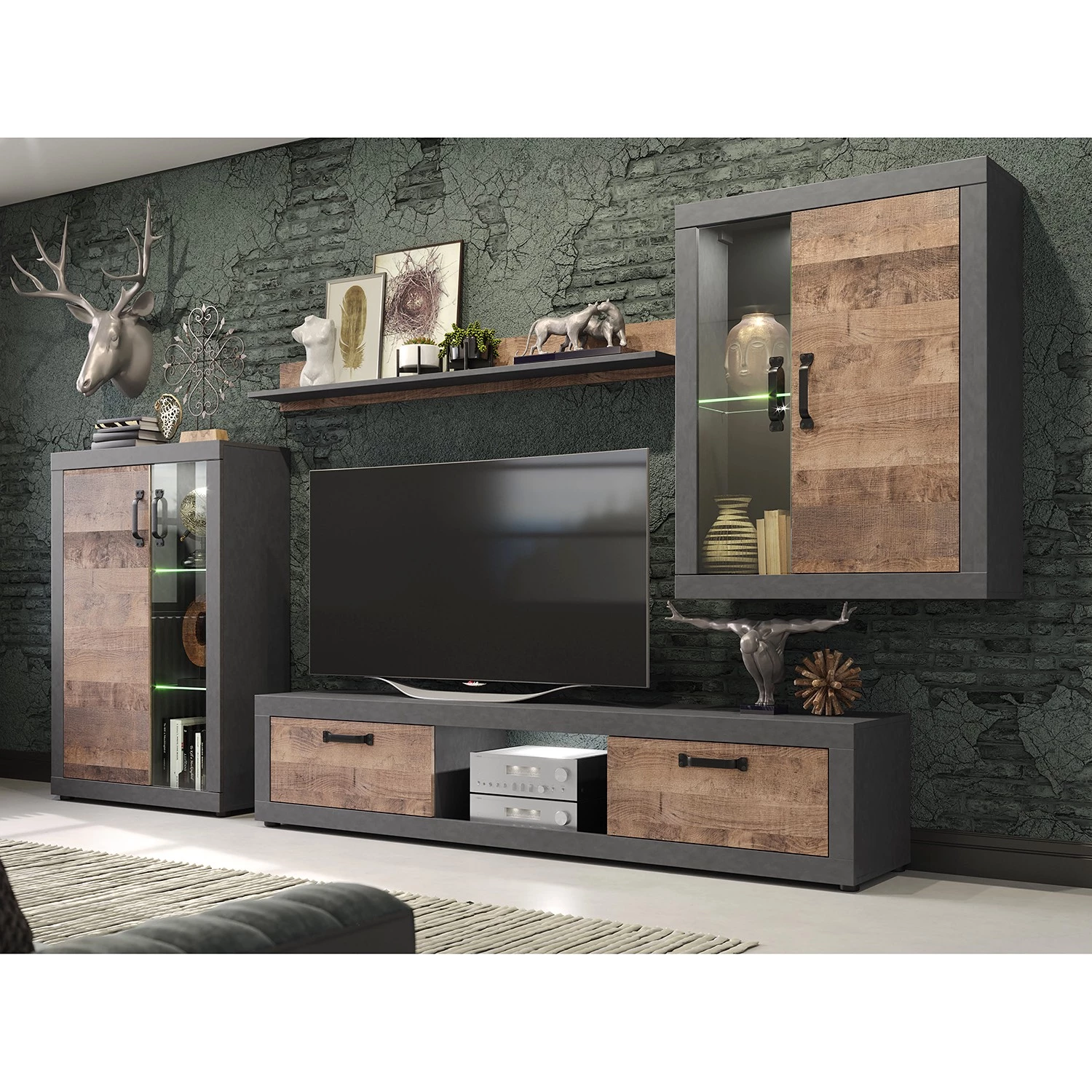 Trendteam Ensemble meubles TV Jazz (4 éléments) - Imitation chêne foncé / Gris foncé 4 Trendteam Ensemble meubles TV Jazz (4 éléments) - Imitation chêne foncé / Gris foncé – Image 2