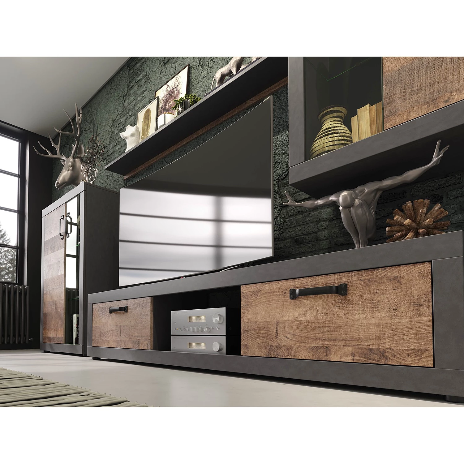 Trendteam Ensemble meubles TV Jazz (4 éléments) - Imitation chêne foncé / Gris foncé 5 Trendteam Ensemble meubles TV Jazz (4 éléments) - Imitation chêne foncé / Gris foncé – Image 3