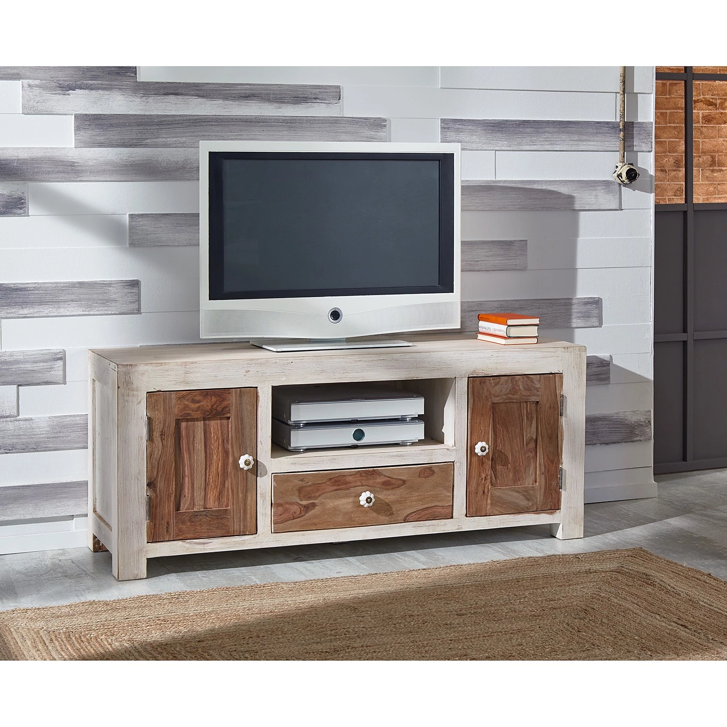 Wolf-Möbel Meuble TV Maison - Acacia massif - Acacia couleur pierre / Blanc cassé 4 Wolf-Möbel Meuble TV Maison - Acacia massif - Acacia couleur pierre / Blanc cassé – Image 2