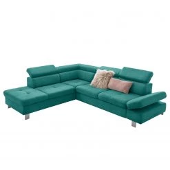 Loftscape Canapé d’angle Calau - Microfibre - Microfibre Enza: Turquoise - Méridienne longue à gauche (vue de face) - Avec fonction couchage