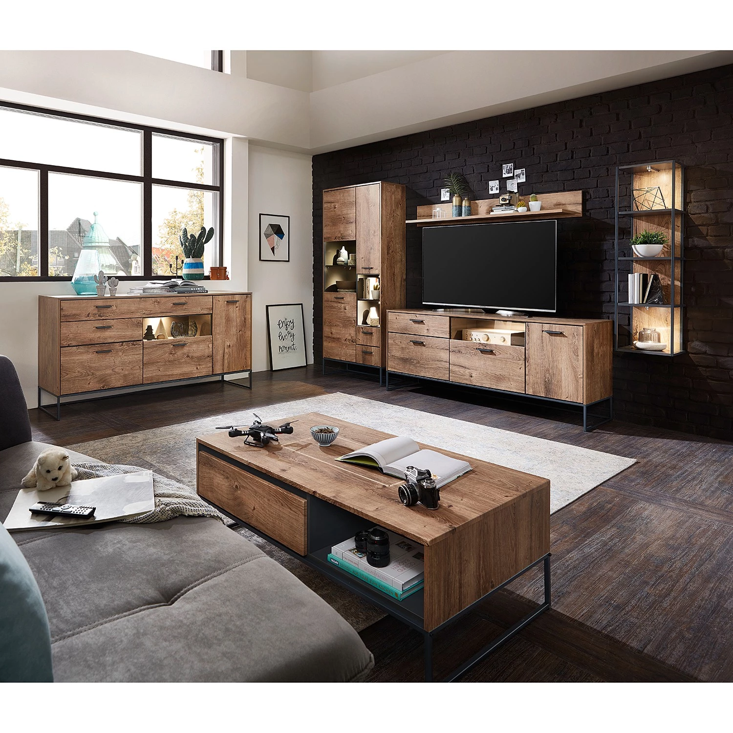 Red Living Meuble TV Meevoo II - Imitation chêne rustique / Graphite 5 Red Living Meuble TV Meevoo II - Imitation chêne rustique / Graphite – Image 3