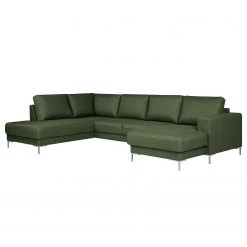 Fredriks Canapé panoramique Summer - Étoffe tissée Mavie: Vert foncé - Méridienne courte à droite / longue à gauche (vue de face)