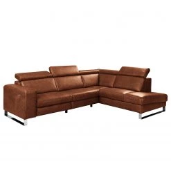 Ars manufacti Canapé d’angle Magas - Cuir véritable - Cuir Padme: Cognac - Méridienne longue à droite (vue de face) - Fonction relaxation