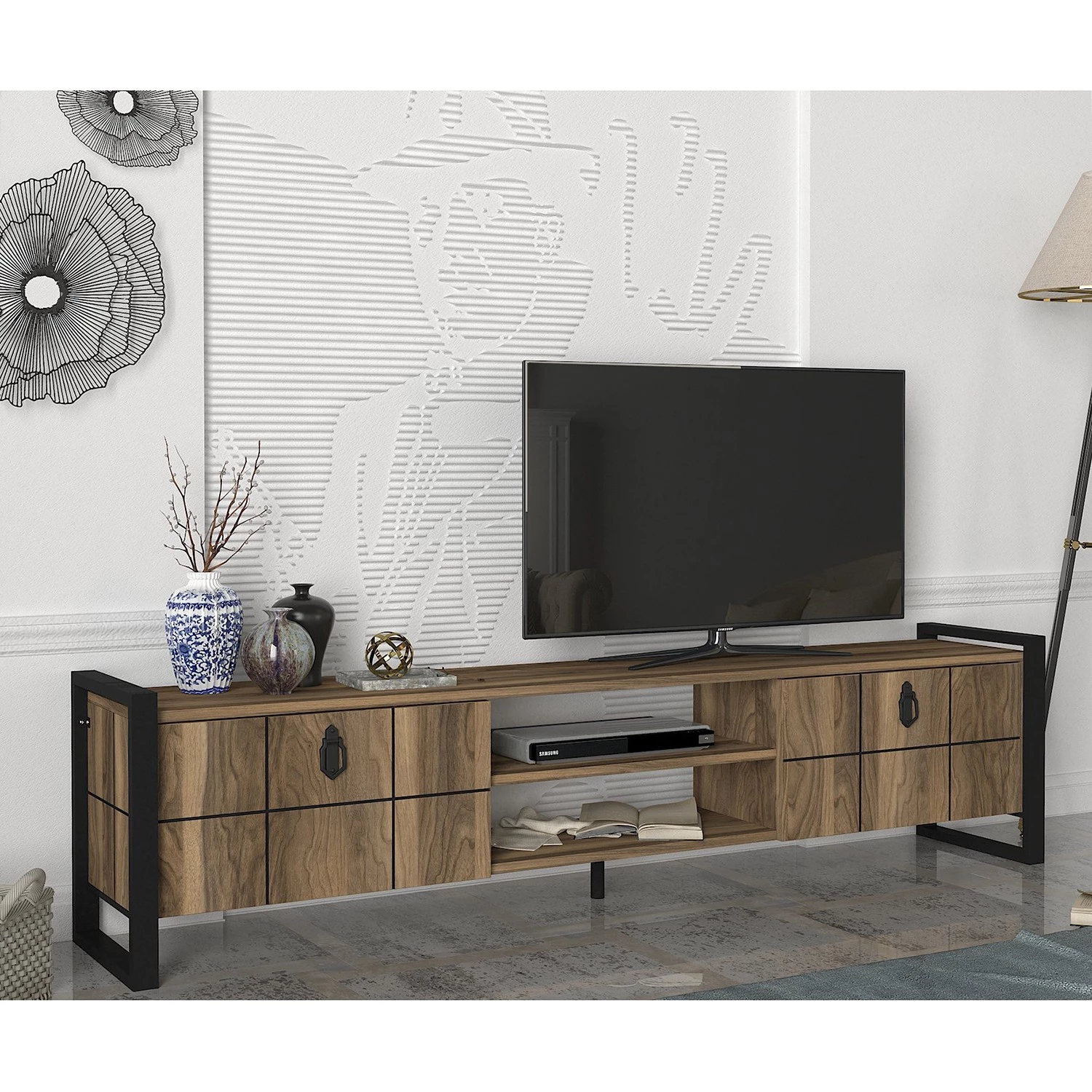 Red Living Meuble TV Lanz - Imitation noyer / Noir 4 Red Living Meuble TV Lanz - Imitation noyer / Noir – Image 2