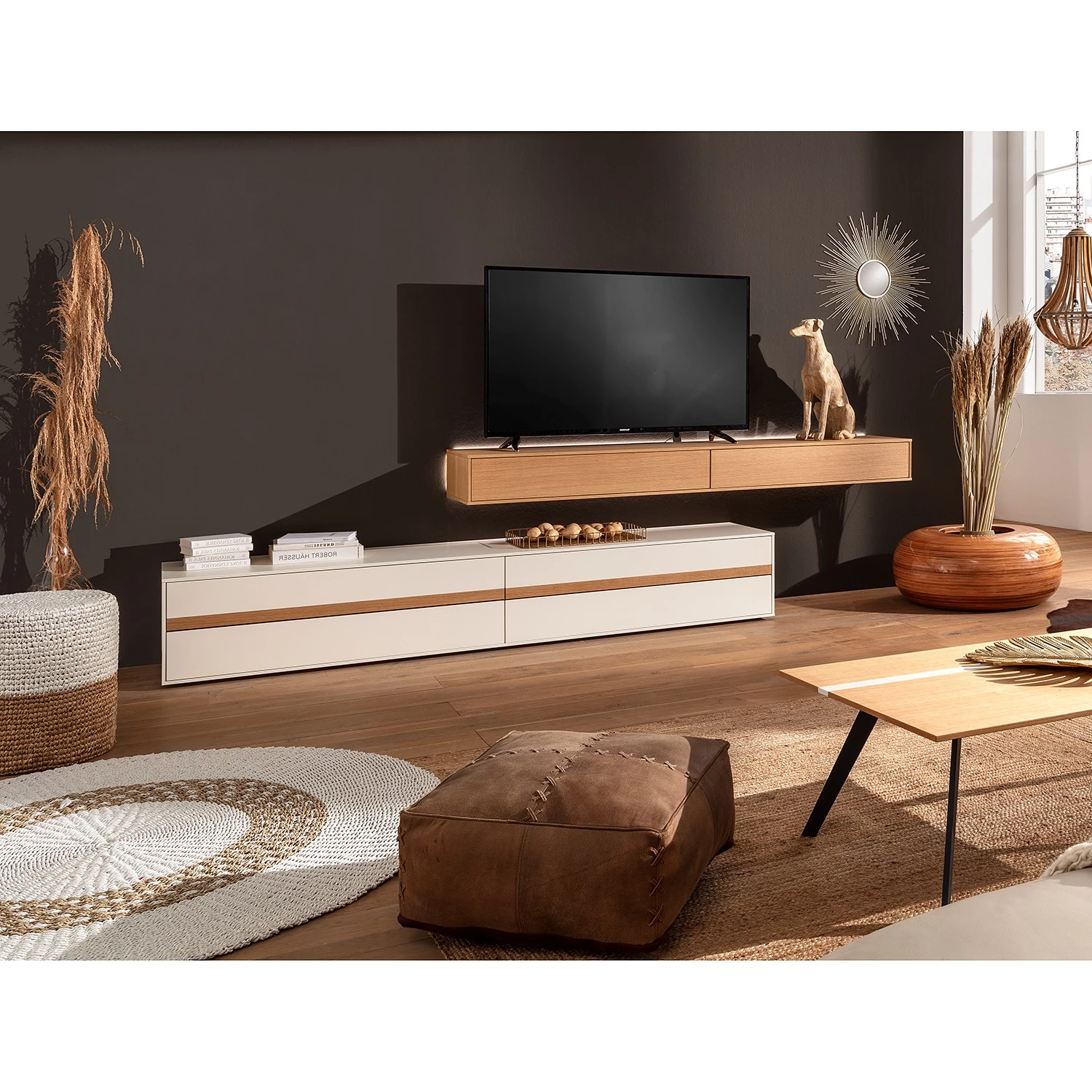 GWINNER Ensemble meubles TV Calea (2 éléments) - Avec éclairage inclus - Plaqué bois - Blanc mat / Chêne - Alignement à droite 4 GWINNER Ensemble meubles TV Calea (2 éléments) - Avec éclairage inclus - Plaqué bois - Blanc mat / Chêne - Alignement à droite – Image 2