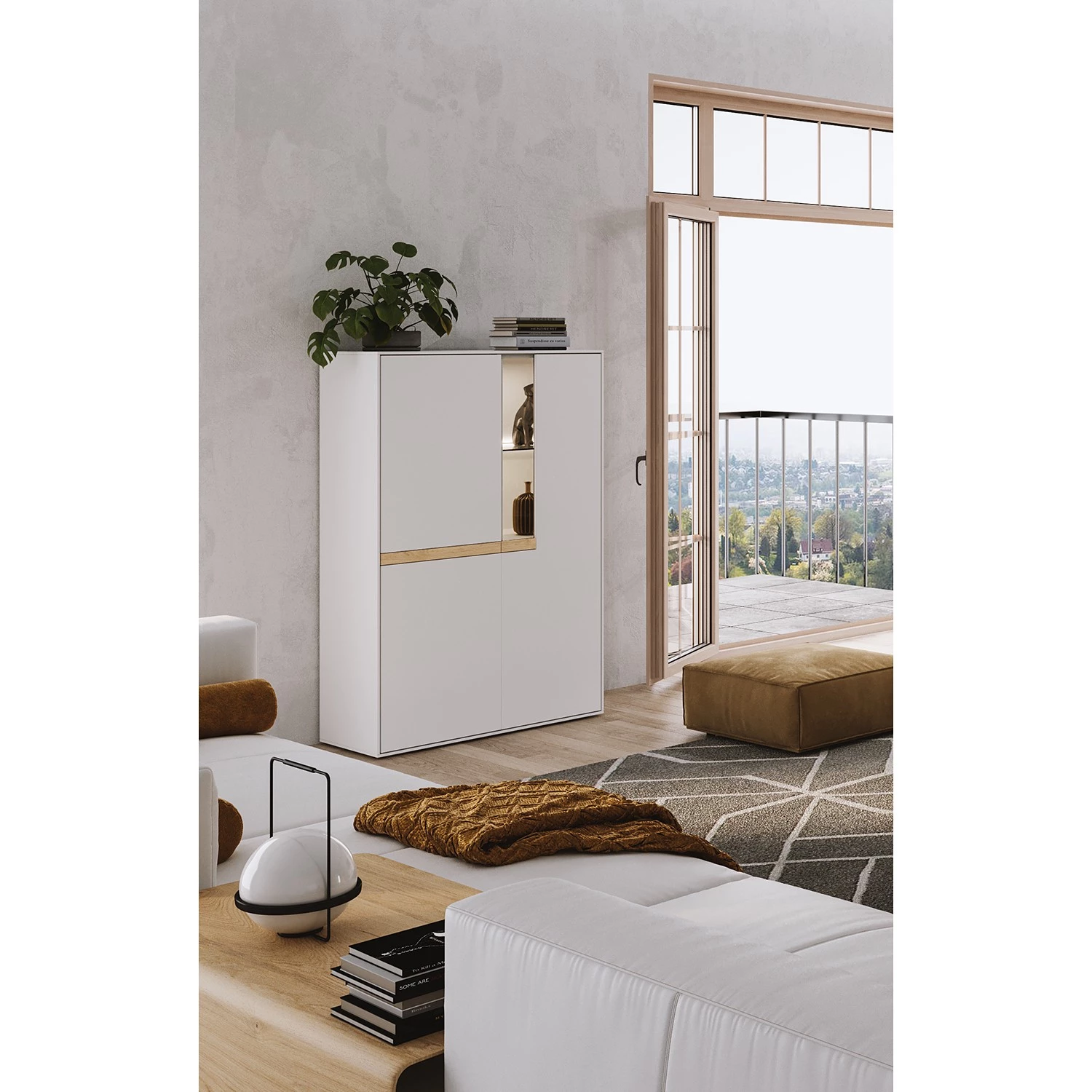 GWINNER Buffet haut Calea II - Blanc mat / Chêne - Avec éclairage 4 GWINNER Buffet haut Calea II - Blanc mat / Chêne - Avec éclairage – Image 2