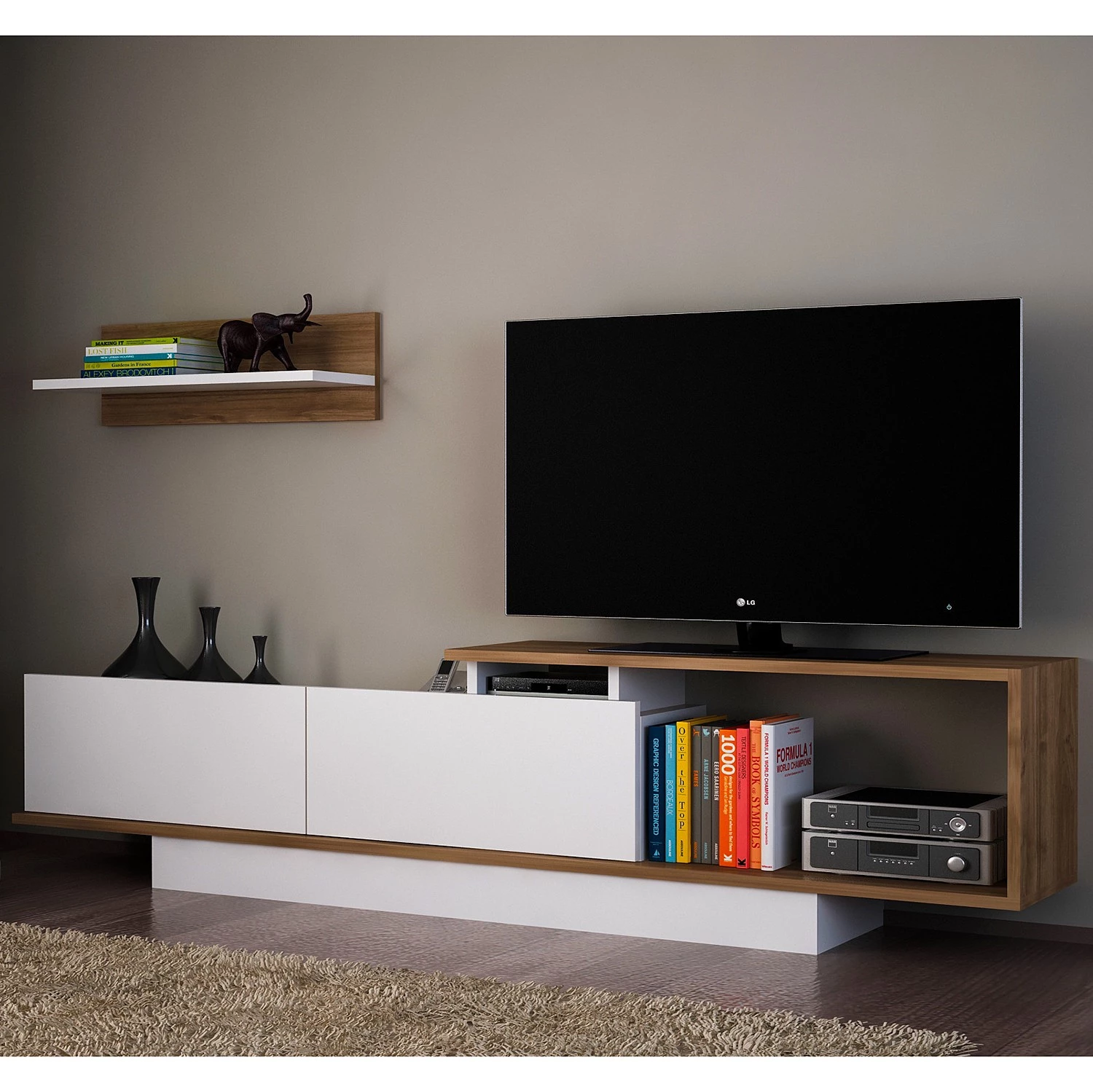 Loftscape Ensemble meubles TV Atfih (2 éléments) - Blanc / Imitation noyer 3 Loftscape Ensemble meubles TV Atfih (2 éléments) - Blanc / Imitation noyer