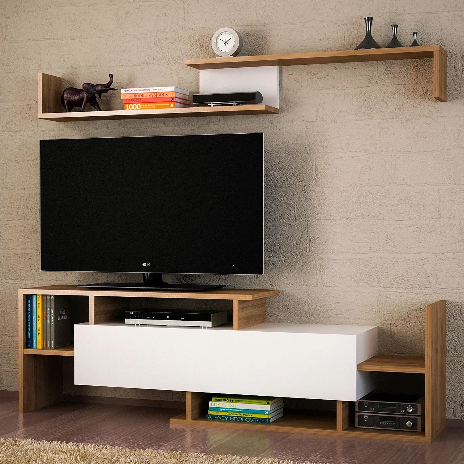 Loftscape Ensemble meubles TV Dindori (2 éléments) - Blanc / Imitation noyer 3 Loftscape Ensemble meubles TV Dindori (2 éléments) - Blanc / Imitation noyer