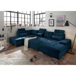 Fredriks Canapé panoramique Puntiro III - Microfibre Salvo: Bleu nuit - Méridienne courte à droite / longue à gauche (vue de face) - Avec fonction couchage -Meubles de salon Soldes 1000315689 220728 021 MOOD DETAILS P000000001000315689 mood