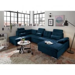 Fredriks Canapé panoramique Puntiro III - Microfibre Salvo: Bleu nuit - Méridienne courte à droite / longue à gauche (vue de face) - Avec fonction couchage -Meubles de salon Soldes 1000315689 220728 022 MOOD DETAILS P000000001000315689 mood