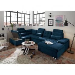 Fredriks Canapé panoramique Puntiro III - Microfibre Salvo: Bleu nuit - Méridienne courte à droite / longue à gauche (vue de face) - Avec fonction couchage -Meubles de salon Soldes 1000315689 220728 023 MOOD DETAILS P000000001000315689 mood