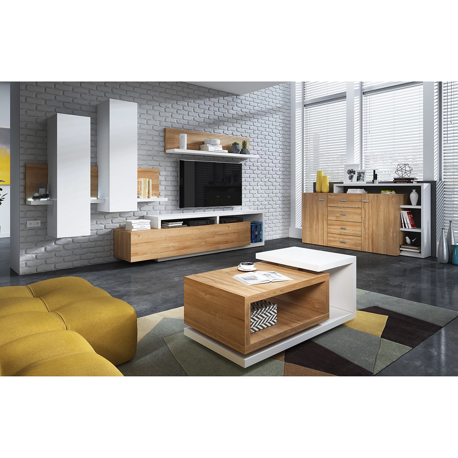 Loftscape Ensemble meubles TV Littor (3 éléments) - Blanc / Imitation chêne Grandson 4 Loftscape Ensemble meubles TV Littor (3 éléments) - Blanc / Imitation chêne Grandson – Image 2