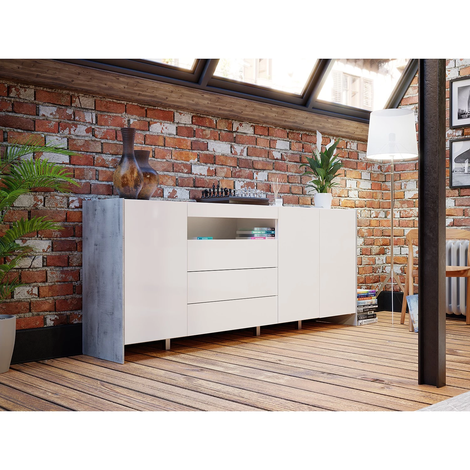 Loftscape Buffet Urban II - Éclairage inclus - Blanc / Imitation chêne gris 4 Loftscape Buffet Urban II - Éclairage inclus - Blanc / Imitation chêne gris – Image 2