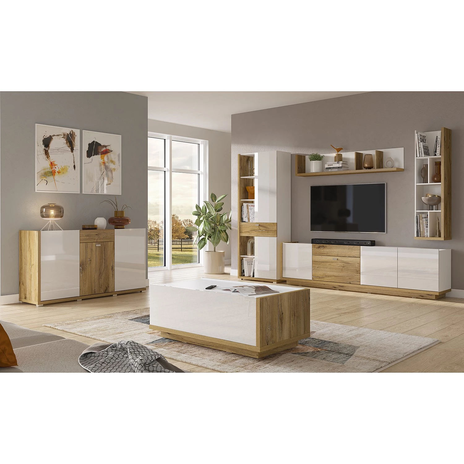 Loftscape Ensemble meubles TV Lahntal (2 éléments) - Blanc brillant / Imitation chêne à nœuds 4 Loftscape Ensemble meubles TV Lahntal (2 éléments) - Blanc brillant / Imitation chêne à nœuds – Image 2