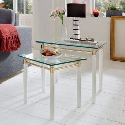 Home Design Table d'appoint Moselle IV - Acier / Bois massif - Plaqué or / Blanc brillant -Meubles de salon Soldes beistelltisch moselle iv stahl massivholz vergoldet hochglanz weiss 1427646