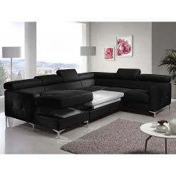 Cotta Canapé panoramique Samu (convertible) - Cuir synthétique noir - Méridienne à gauche (vue de face) -Meubles de salon Soldes cotta 2013 08 19 teil2 260511