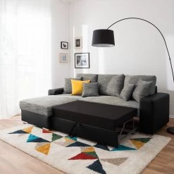 Fredriks Canapé d'angle Dulmen (convertible) - Imitation cuir / Tissu structuré - Méridienne à monter gauche ou droite - Noir / Gris -Meubles de salon Soldes ecksofa dulmen mit schlaffunktion beidseitig montierbar kunstleder strukturstoff schwarz grau 4964228