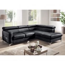 Cotta Canapé d'angle Eduardo II - Noir - Méridienne courte à droite (vue de face) - Coffre de lit - Fonction couchage -Meubles de salon Soldes ecksofa eduardo ii echtleder longchair ottomane davorstehend rechts mit schlaffunktion schwarz 5152376