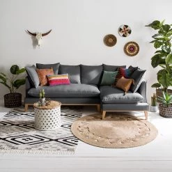 Eva Padberg Collection Canapé d'angle Lavina - Tissu Moretey : Gris - Méridienne longue à droite (vue de face) -Meubles de salon Soldes ecksofa lavina webstoff ottomane davorstehend rechts stoff moretey grau 4793116