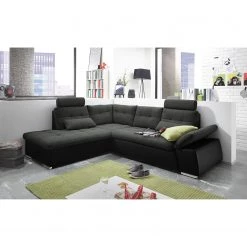 Fredriks Canapé d'angle Puntiro (convertible) - Cuir synthétique Lilo / Tissu structuré Satur: Noit / Anthracite - Méridienne longue à gauche (vue de face) -Meubles de salon Soldes ecksofa puntiro mit schlaffunktion kunstleder webstoff ottomane davorstehend links schwarz dunkelbraun 4459036